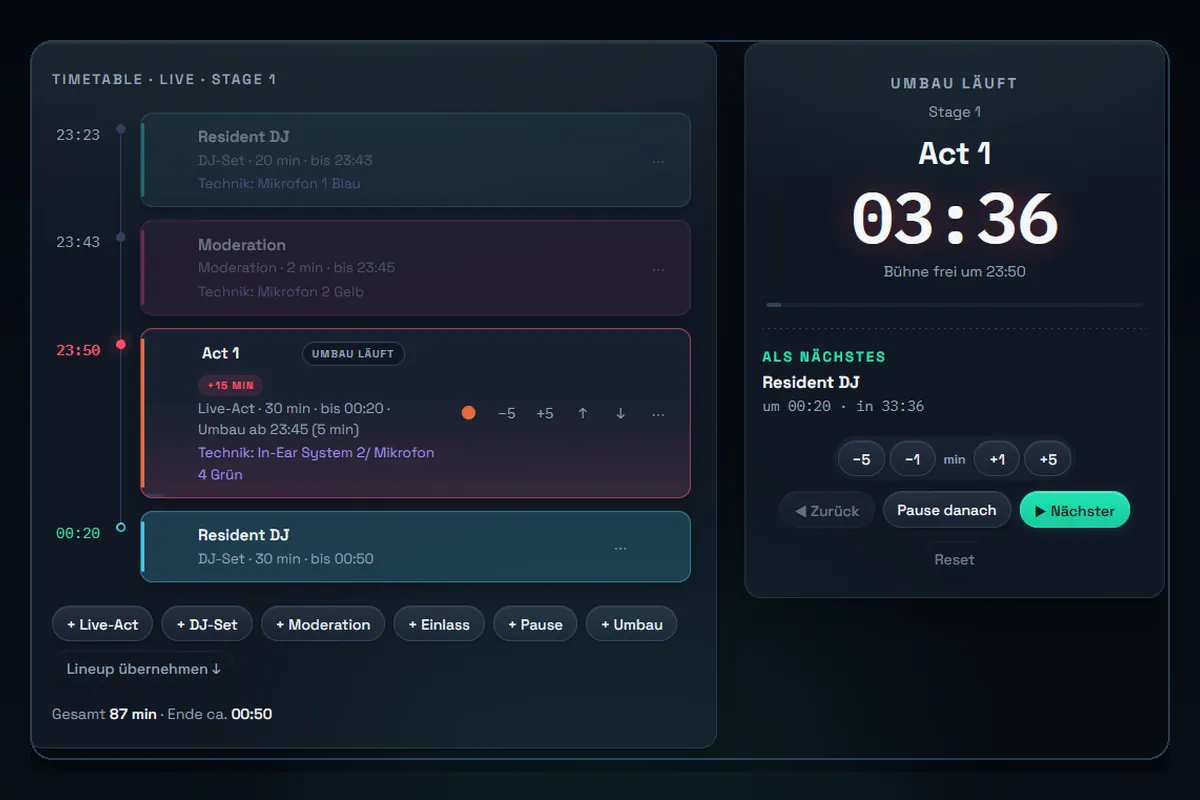 STAGEBEAT Live-Steuerung: Timetable mit laufendem Programmpunkt, Countdown und Team-Verwaltung