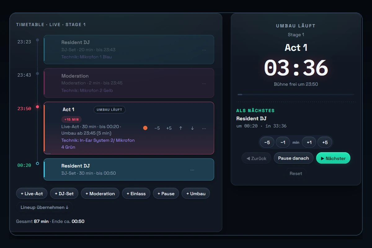 STAGEBEAT Live-Steuerung: Timetable mit laufendem Programmpunkt, Countdown und Team-Verwaltung