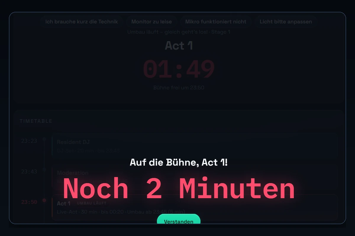 STAGEBEAT Noch-2-Minuten-Warnung für den Künstler