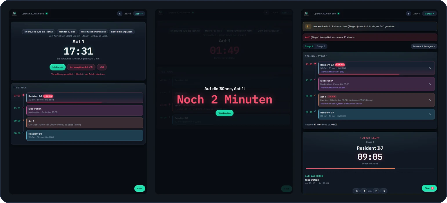 Drei Handy-Ansichten nebeneinander: Künstler-Countdown, große Noch-2-Minuten-Warnung und Technik-Ansicht